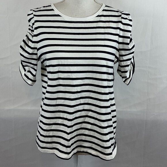 Kate Spade Top L White Black Stripe Short Ruched Sleeve - Picture 1 of 11